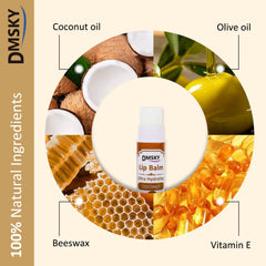 Bálsamo DMSKY con aceite de coco y vitamina E para hidratación suave.