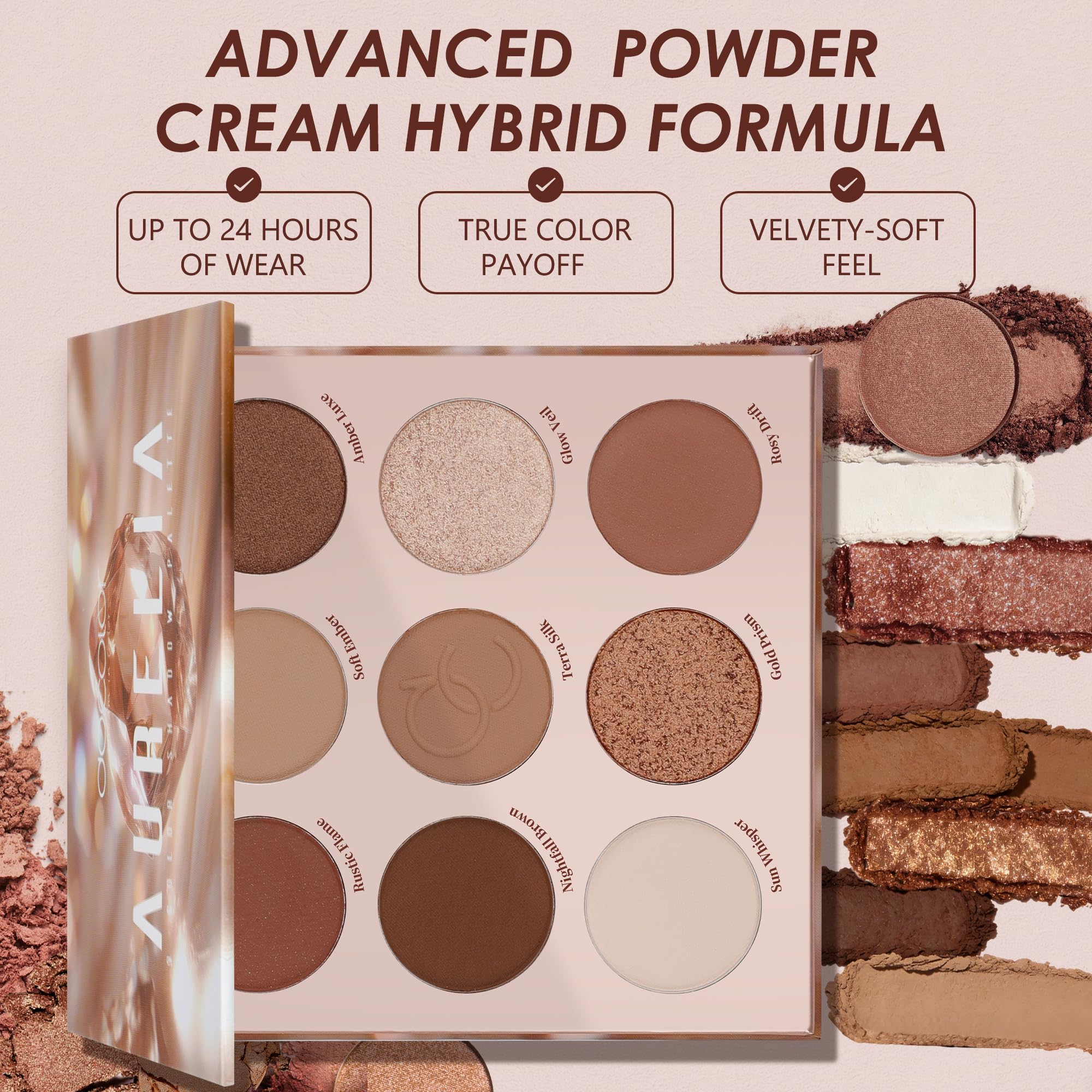 Sombras mate pigmentadas de Aurelia ofrecen definición suave y mezcla fácil.