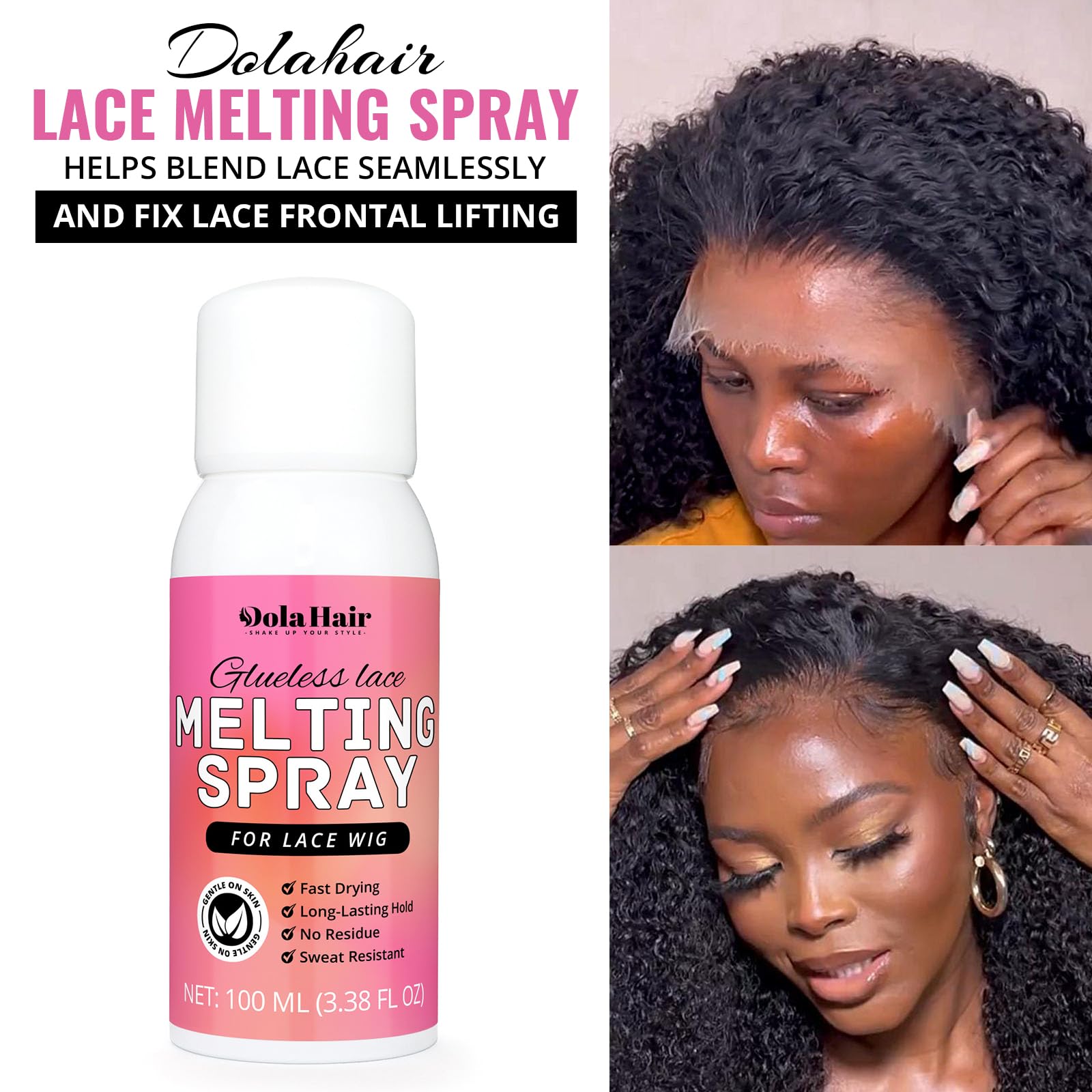 Dolahair spray fundente para encaje: retirada fácil con agua sin residuo pegajoso.