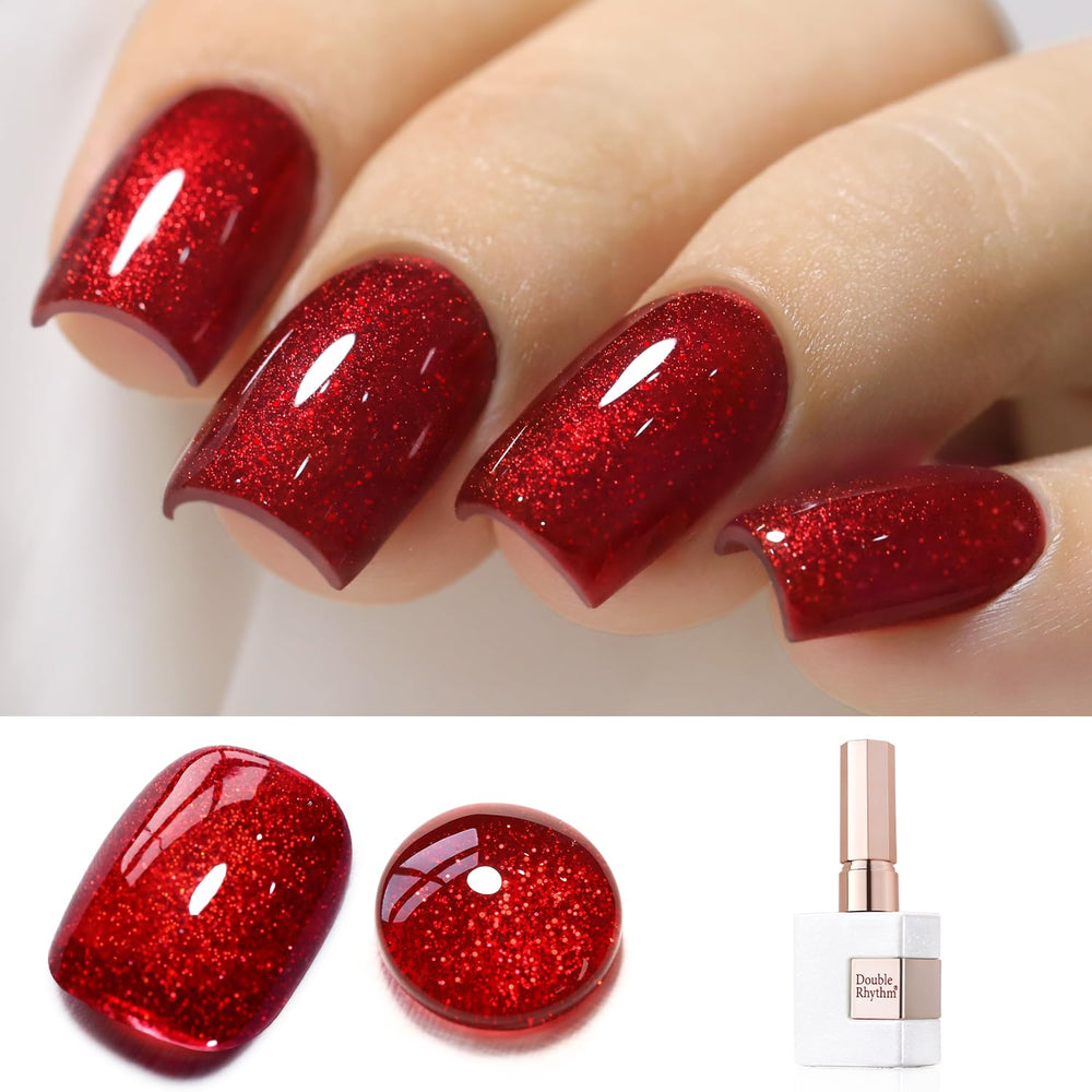 Double Rhythm gel glitter rojo oscuro para uñas, acabado deslumbrante.