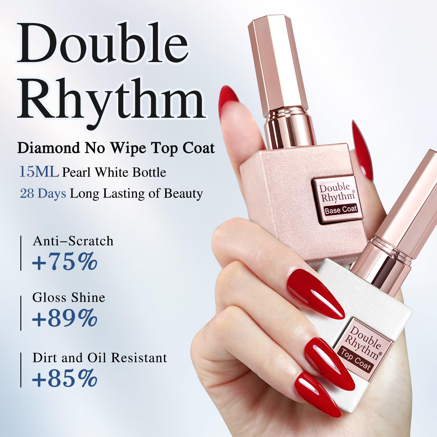 Double Rhythm, botella de base gel en primer plano, acabado claro.