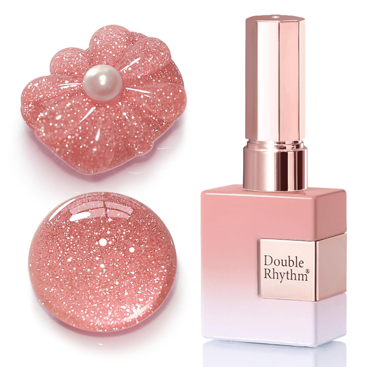 Double Rhythm gel durazno-rosa con brillo para uñas.