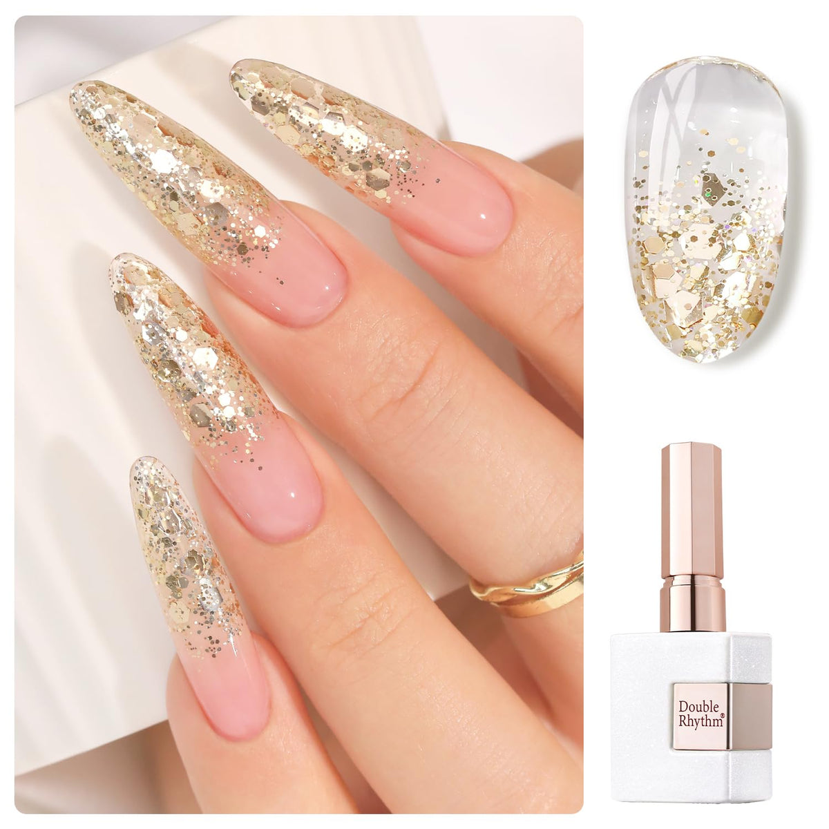 Double Rhythm esmalte gel brillo oro, botella perl blanca con mango dorado