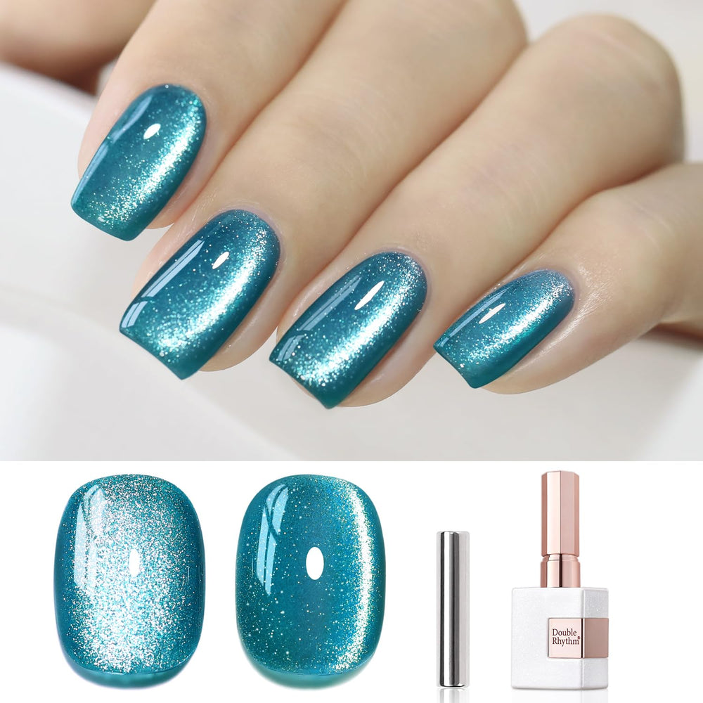 Esmalte gel ojo de gato turquesa de Double Rhythm para uñas con efecto holográfico.