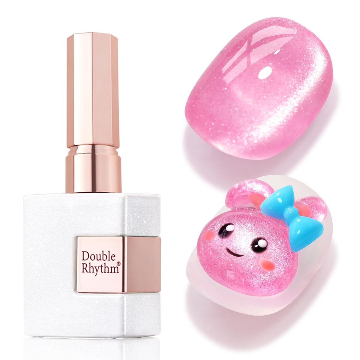 Double Rhythm esmalsnte gel ojo de gato rosa con brillo holográfico para uñas.