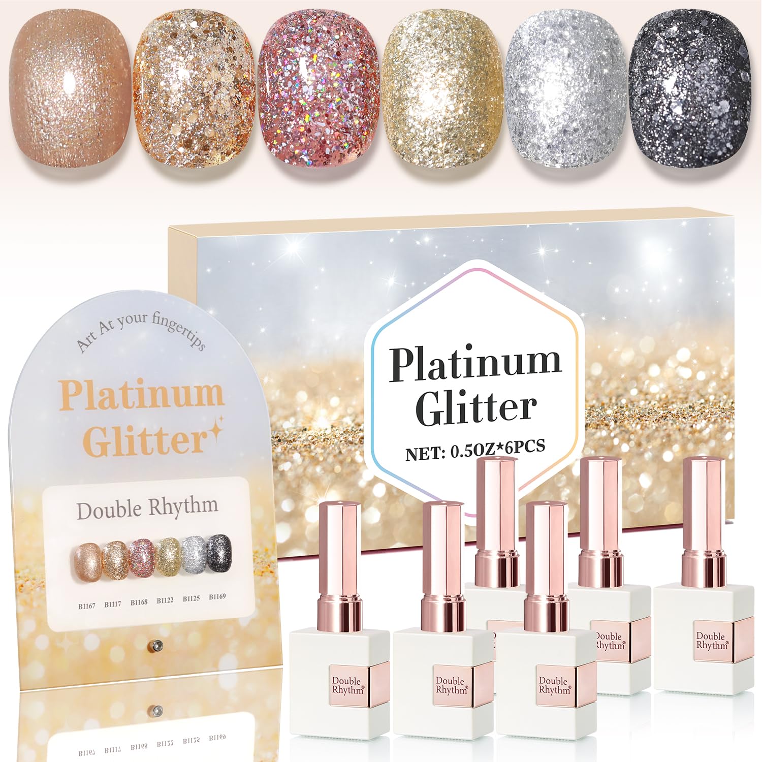Double Rhythm es esmalte gel con efecto rosa dorado para manicura duradera.