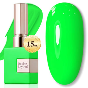 Double Rhythm esmalte gel verde brillante en bote para uñas.