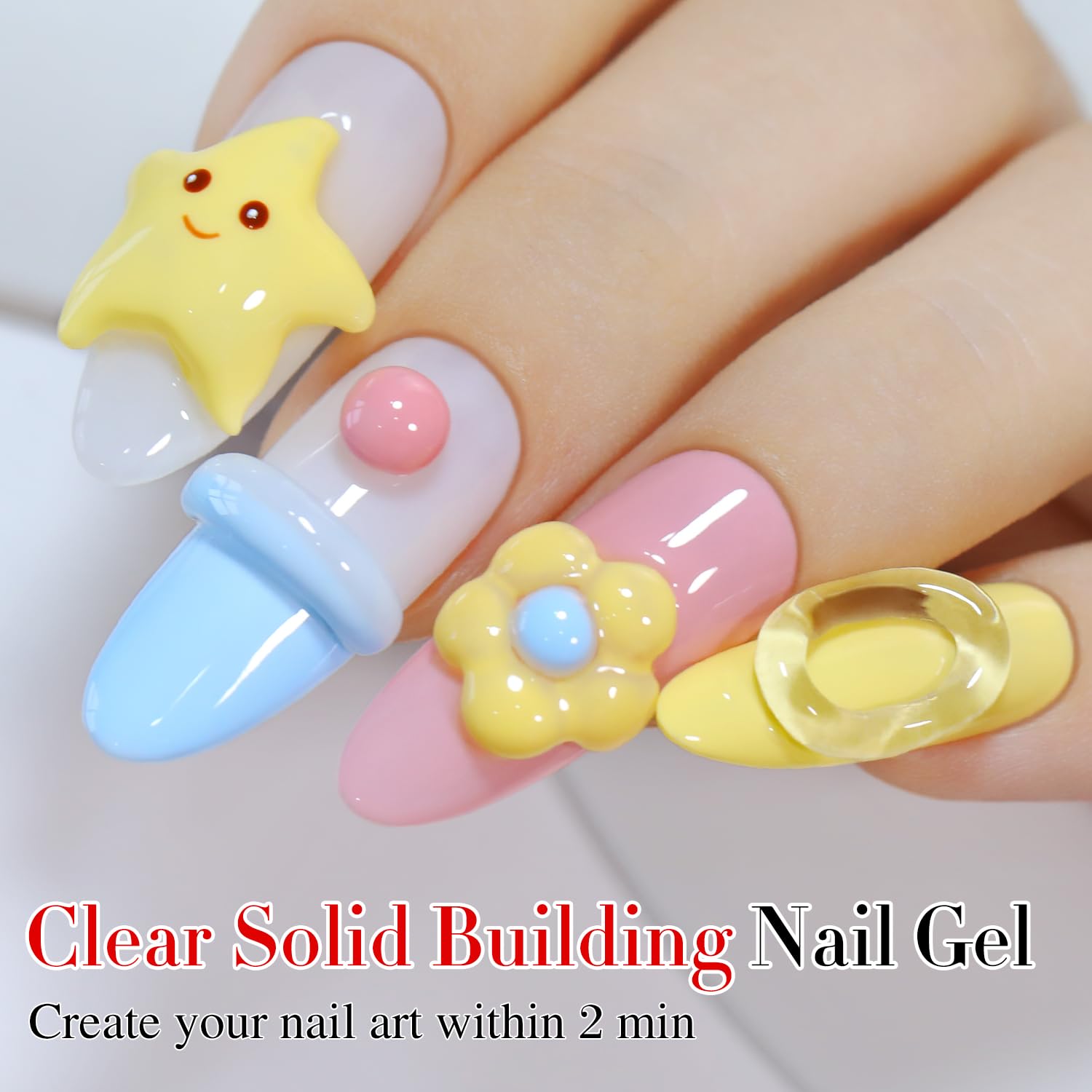 Gel 3D claro de Double Rhythm, enfoque arte de uñas, facilita diseños tridimensionales duraderos.