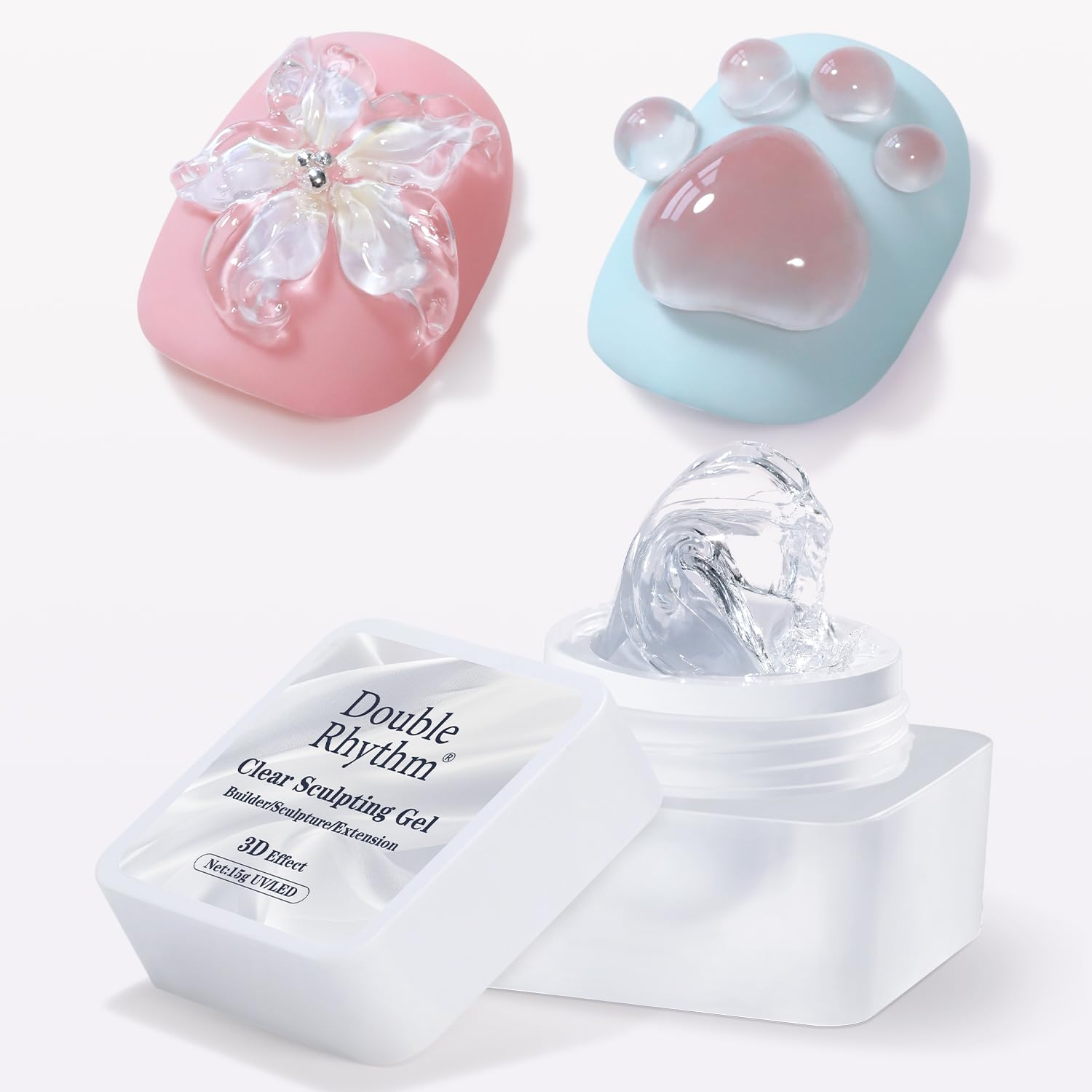 Gel 3D claro de Double Rhythm, bote visible, ideal para arte de uñas duradero.