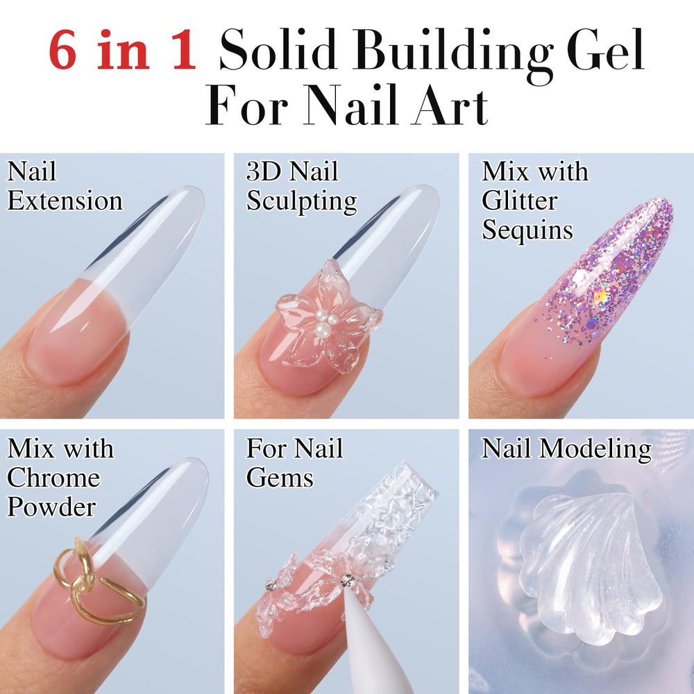 Gel sólido de Double Rhythm para extensiones, ofrece soporte estructural estable en uñas.