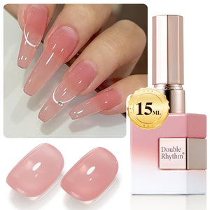 Double Rhythm gel translúcido nude lechoso en botella, acabado suave para uñas.