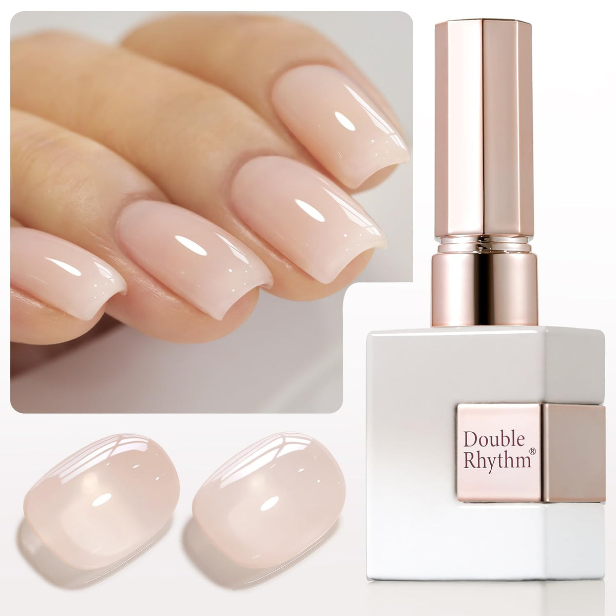 Double Rhythm gel translúcido nude en bote, acabado suave para uñas.