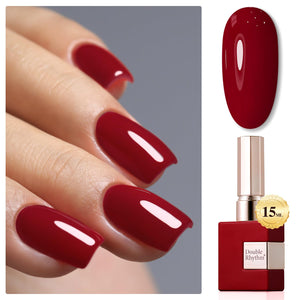 Double Rhythm gel rojo oscuro en frasco de 15 ml para manicura duradera