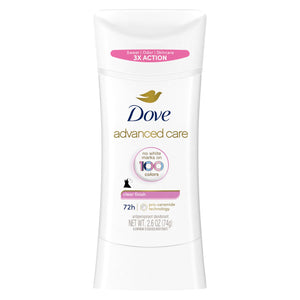 Dove Advanced Care barra desodorante transparente, acabado sin manchas en la ropa.