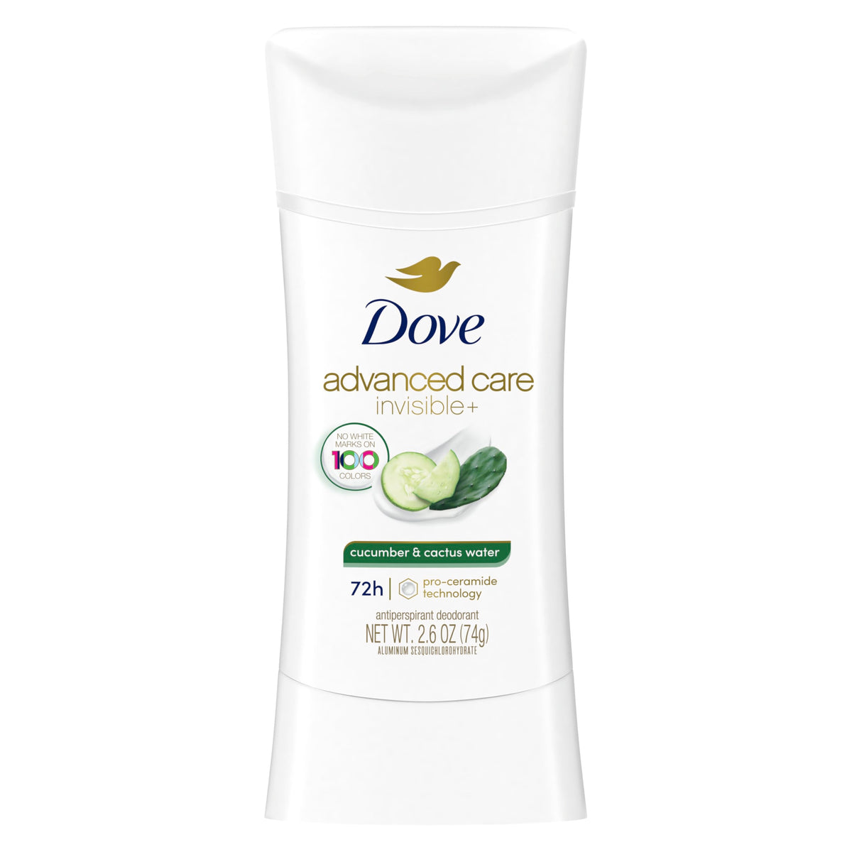 Desodorante Dove Advanced Care en barra con pepino y agua de cactus para piel suave.