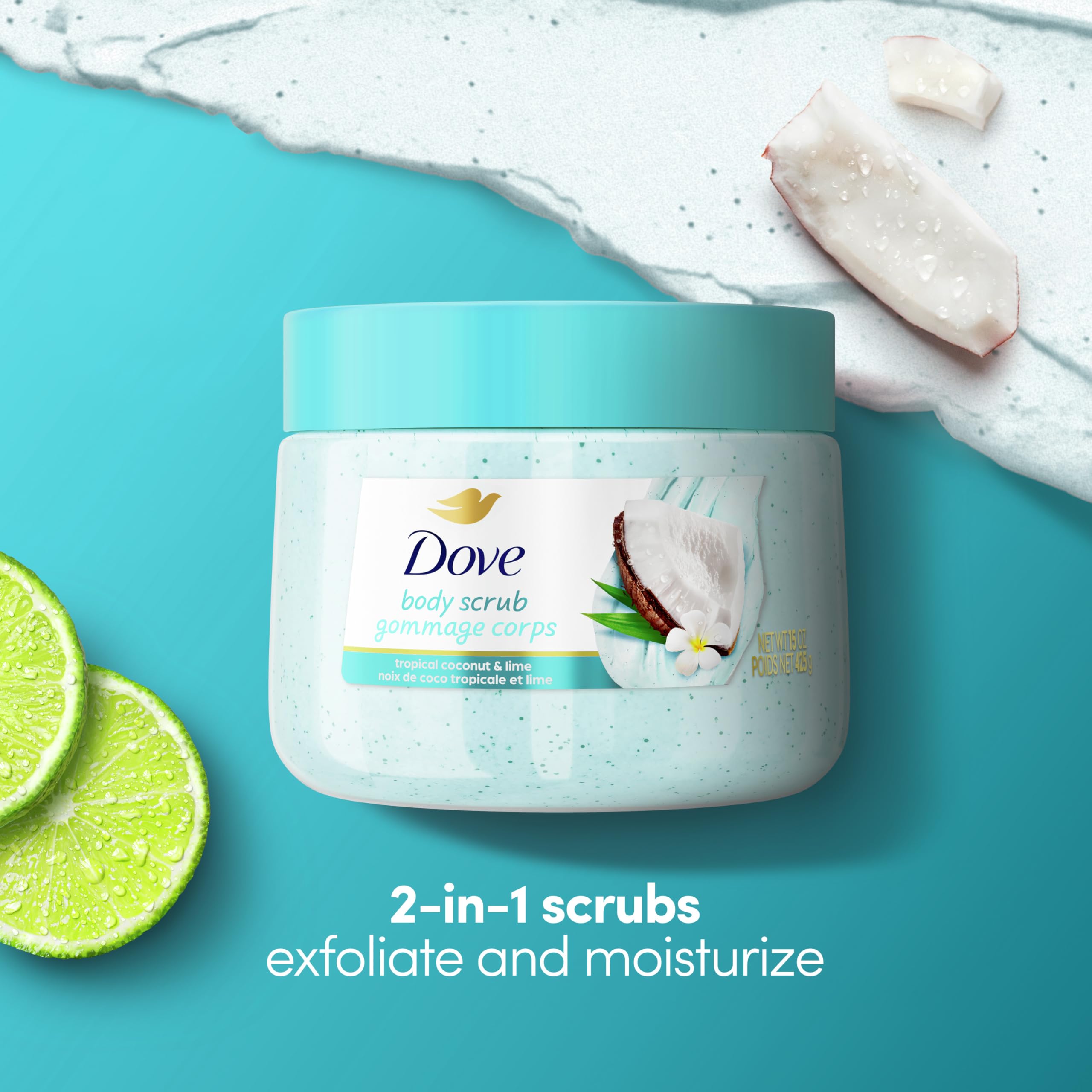 Dove aplicación suave para masajear el cuerpo y exfoliar suavemente.