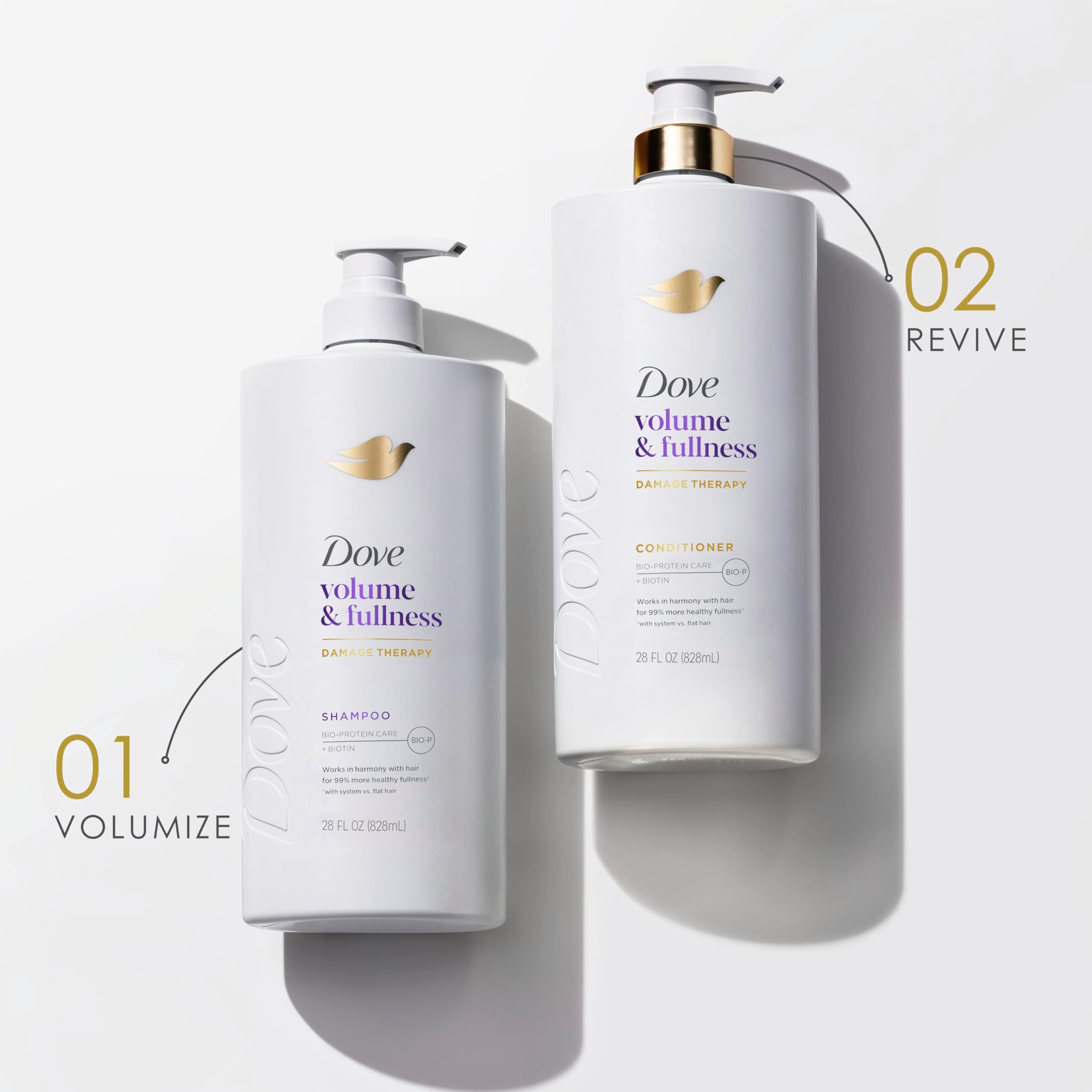 Dove Acondicionador Volumen y Plenitud sistema champú para mayor eficacia.