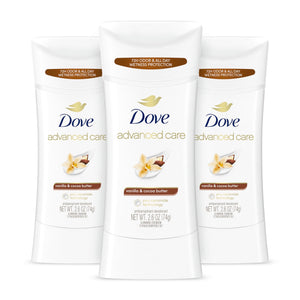 Desodorante Dove en barra con vainilla y cacao para uso diario y fragancia duradera.