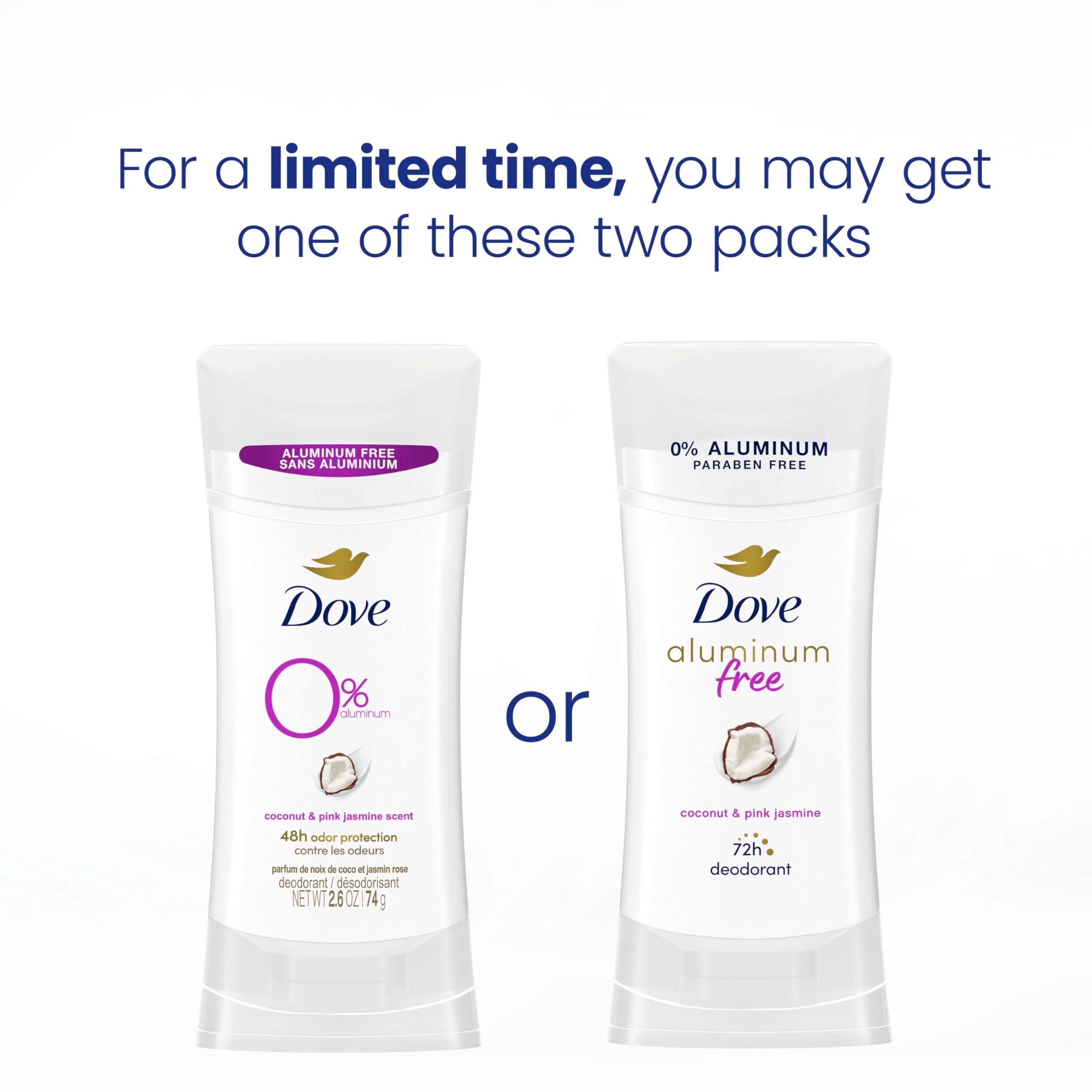 Dove desodorante sin aluminio en tres unidades para viaje.