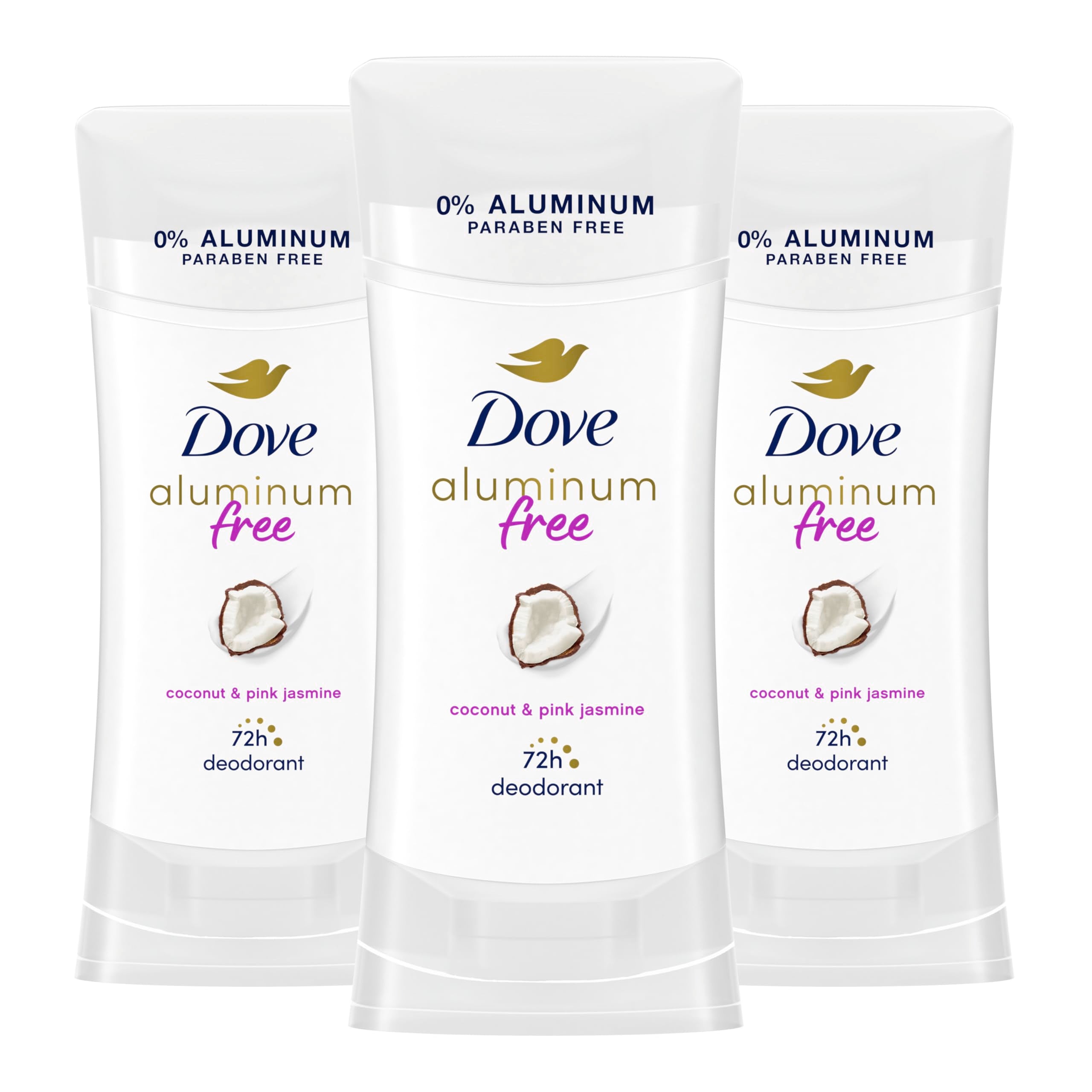 Dove desodorante sin aluminio coco-jazmín para piel suave y fresca.