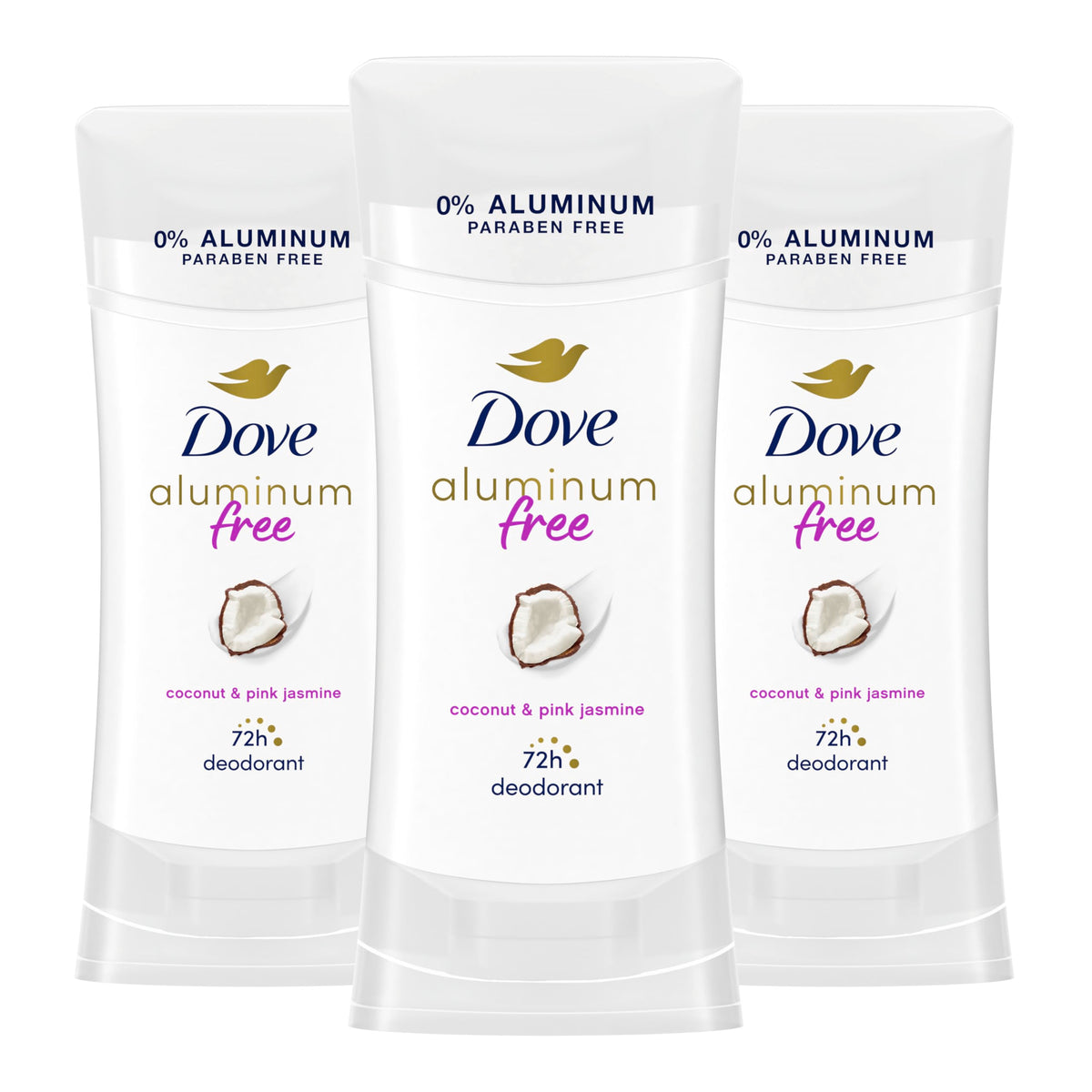 Dove desodorante sin aluminio coco-jazmín para piel suave y fresca.