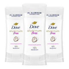 Dove desodorante sin aluminio coco-jazmín para piel suave y fresca.