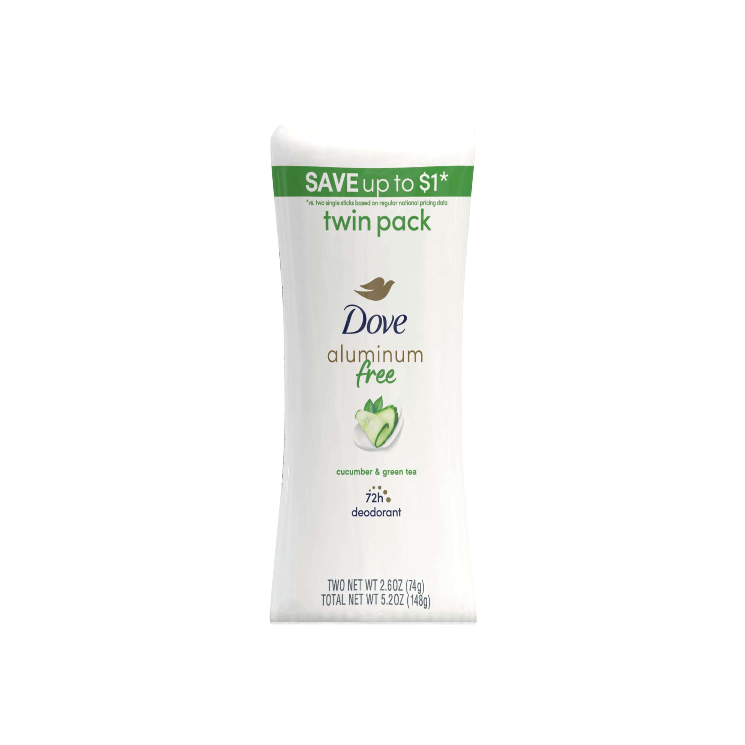 Dove Desodorante sin aluminio con pepino y té verde, fragancia fresca para uso diario.