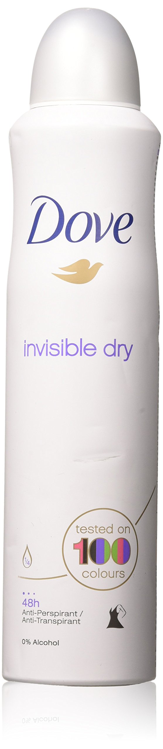 Dove Desodorante spray corporal Invisible Dry en botella, protección diaria sin residuos visibles.