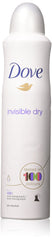Dove Desodorante spray corporal Invisible Dry en botella, protección diaria sin residuos visibles.