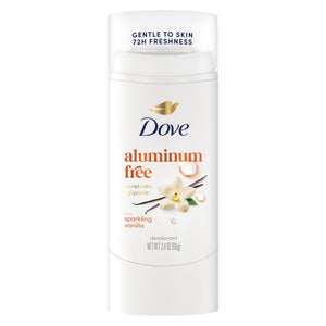 Dove Desodorante Stick Sparkling Vanilla, envase práctico para uso diario sin aluminio.