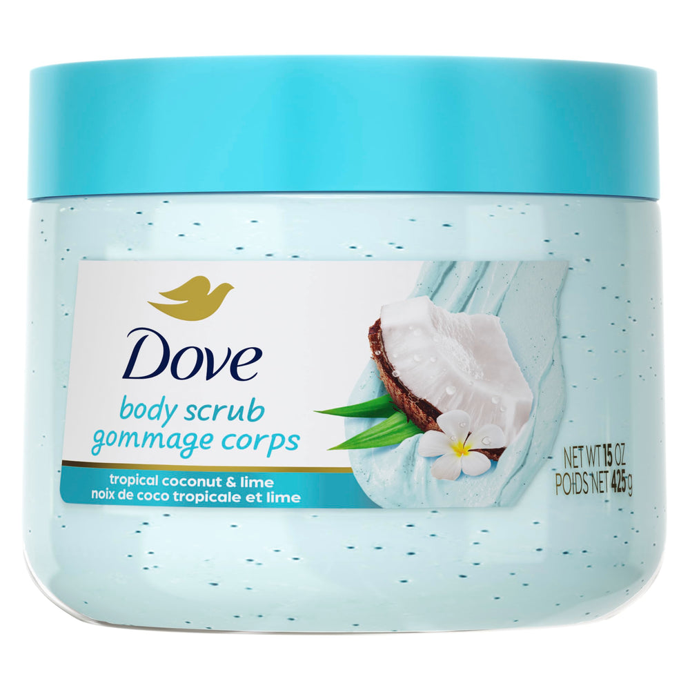 Dove exfoliante corporal tropical coco lima en envase, aroma agradable para piel suave.
