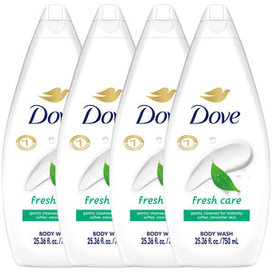 Dove Fresh Care, paquete de 4 geles de ducha para cuidado diario de la piel.