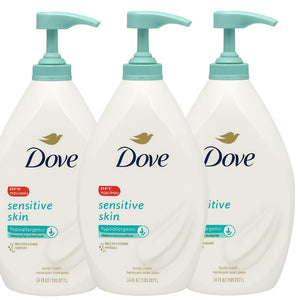 Dove Gel de Ducha Piel Sensible con Dosificador, suave y renovador para la piel.