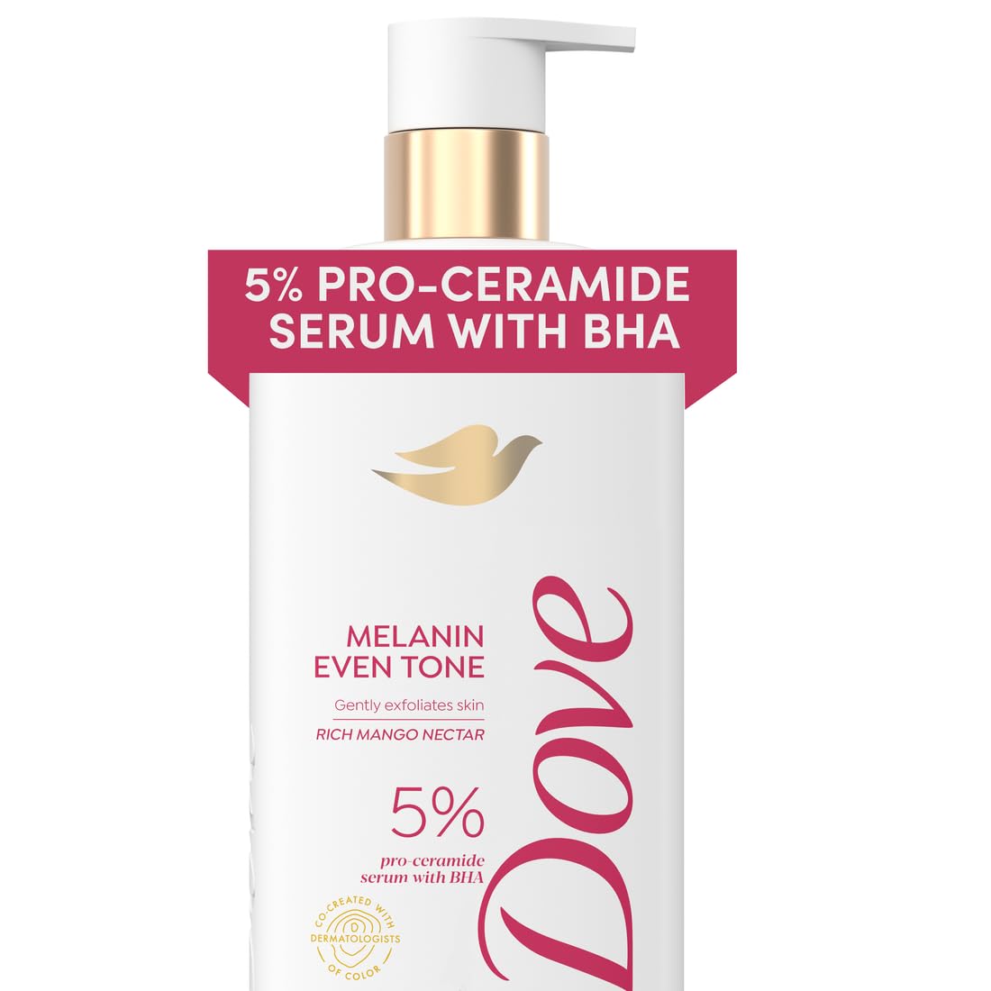 Dove gel exfoliante corporal tono melanin igual en botella, beneficio de tono uniforme.