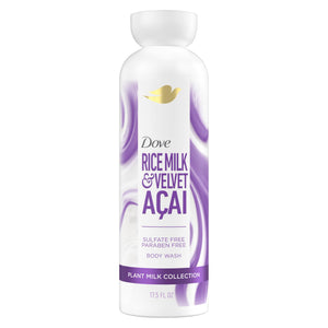Dove gel limpiador corporal con leche vegetal acai y arroz para piel suave.