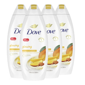 Dove Glowing Body Wash se vierte en la mano para hidratación suave.