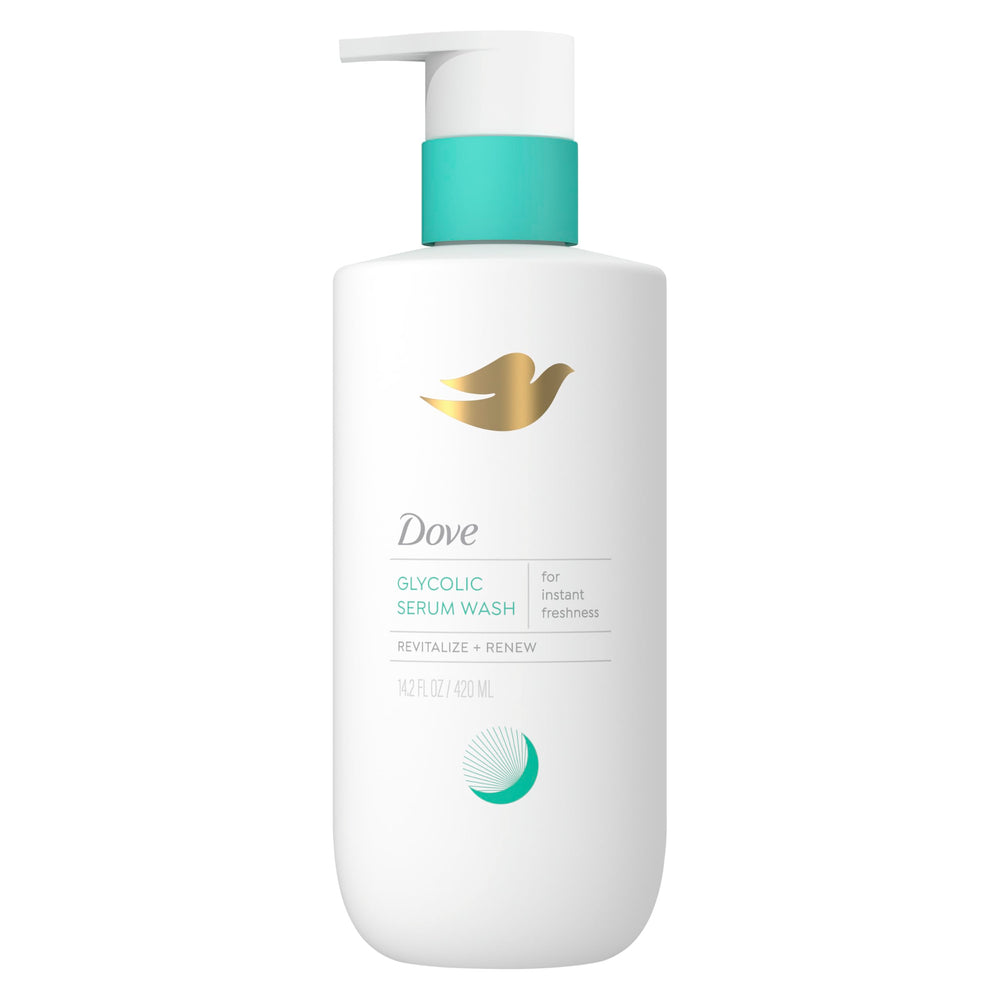 Dove Glycolic Serum Wash, volcado de botella, espuma cremosa para una limpieza suave.