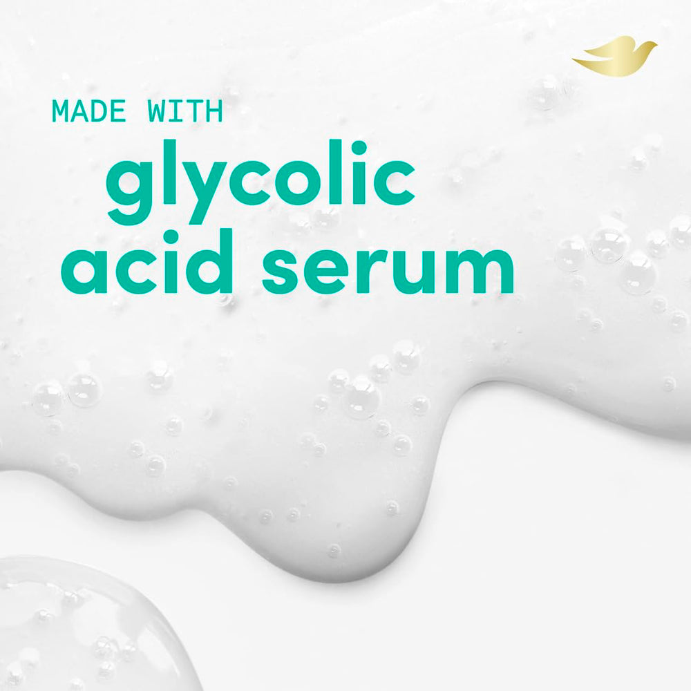 Dove Glycolic Serum Wash, envase visible, destaca cuidado dermatológico y ritmo cutáneo.