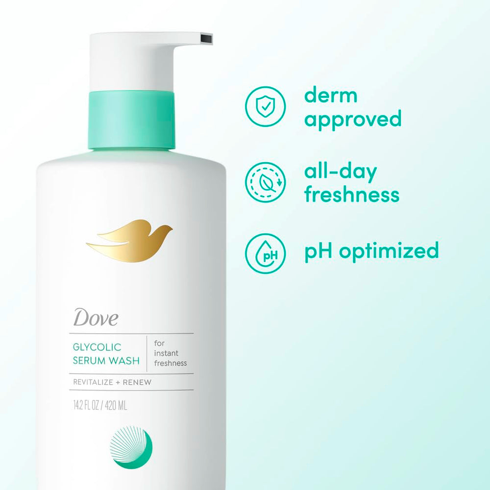 Dove Glycolic Serum Wash, ingredientes clave con ácido glicólico para renovación suave.