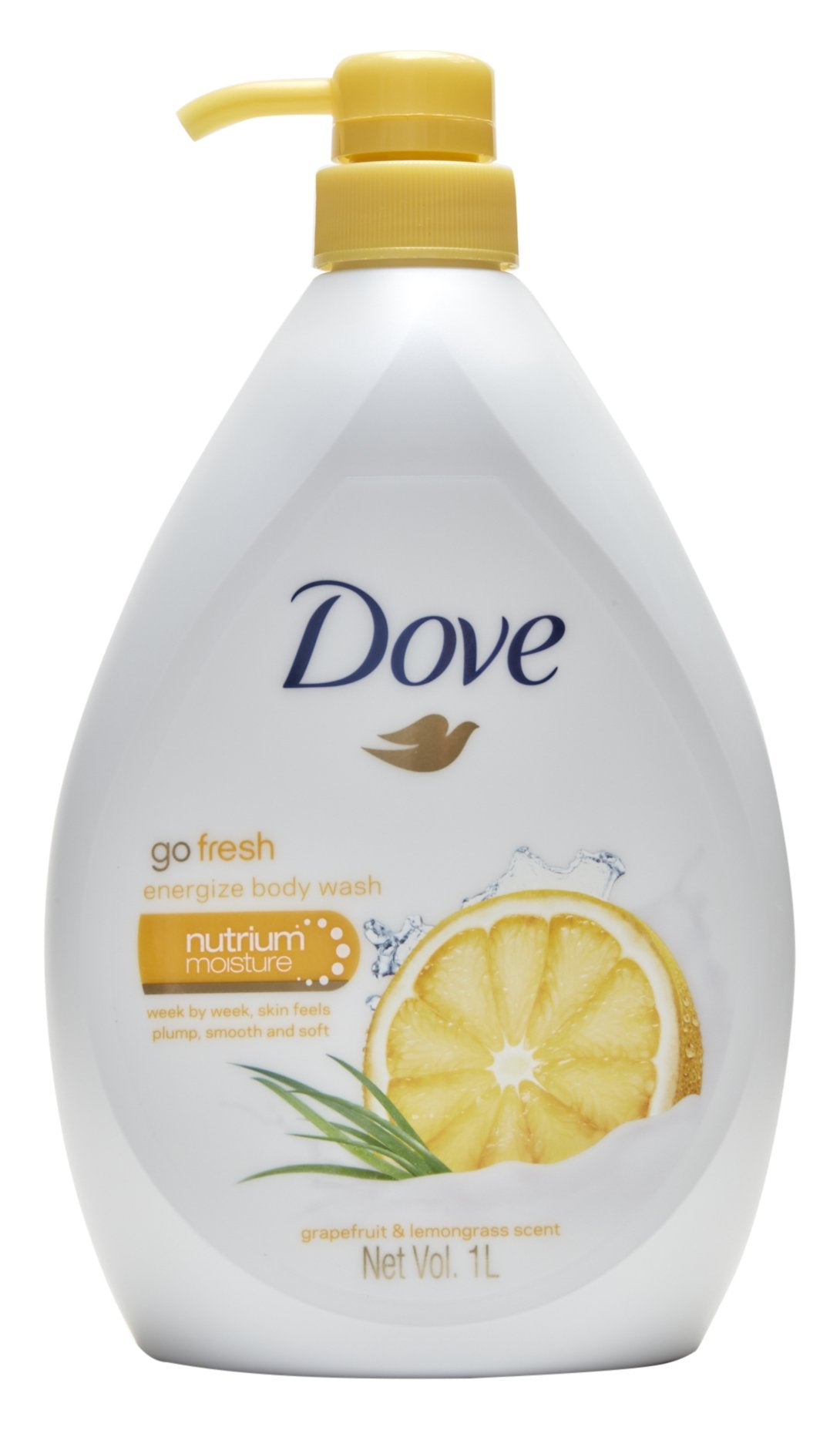 Dove Go Fresh Energize muestra la botella frontal para iniciar la rutina de ducha.