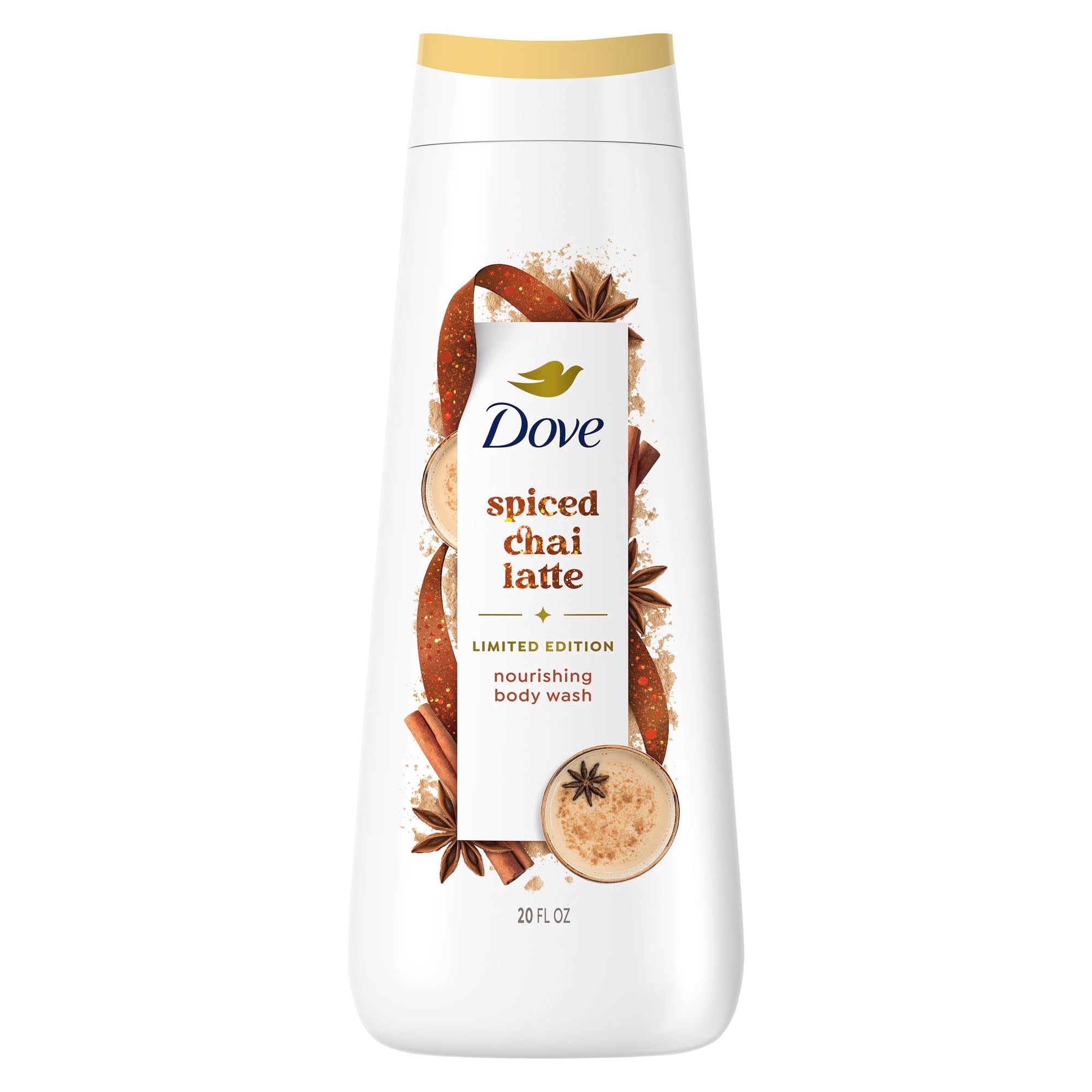 Dove limpiador corporal con aroma te especiado en botella, ideal para duchas reconfortantes