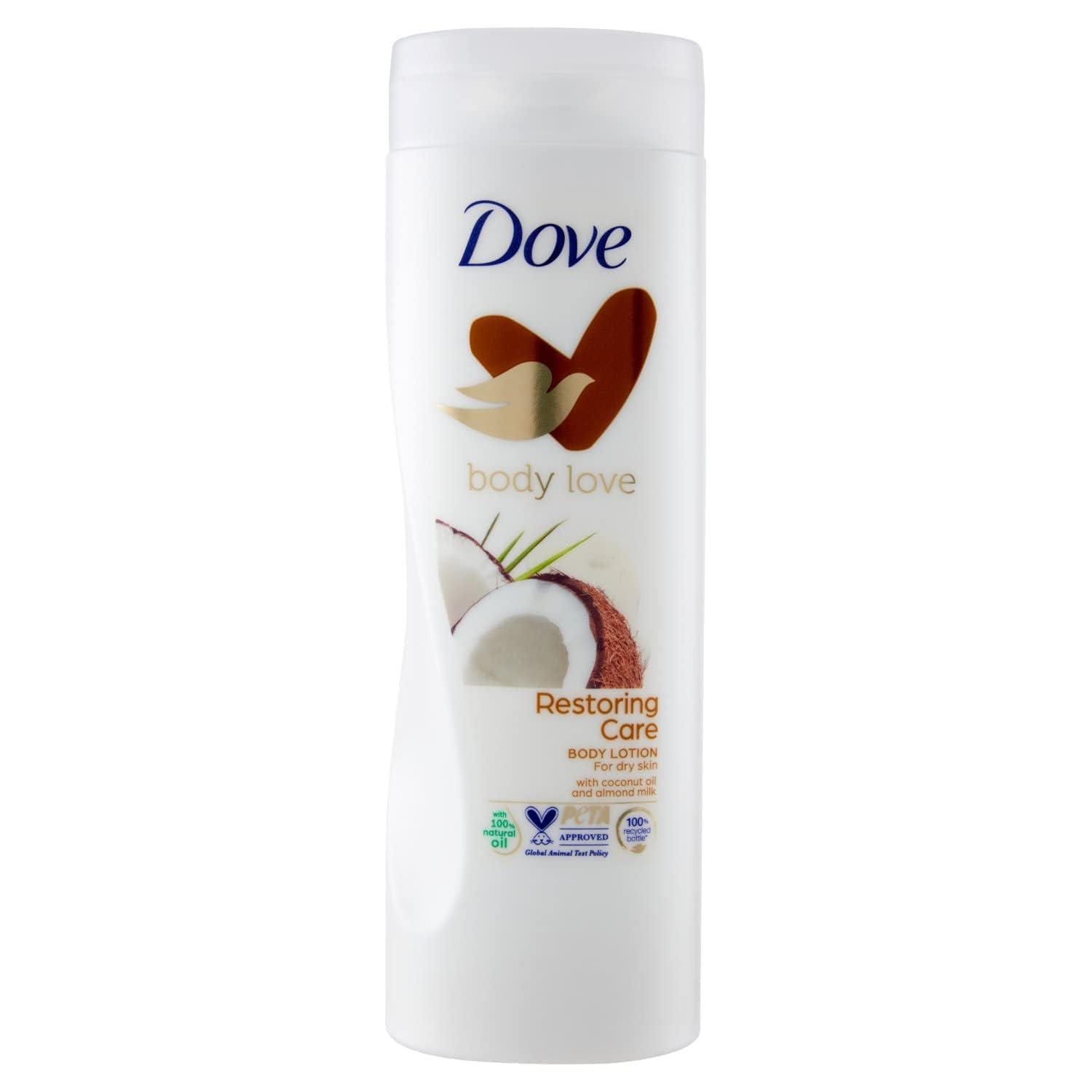Loción corporal Dove con coco y almendra para hidratación suave y restauradora.