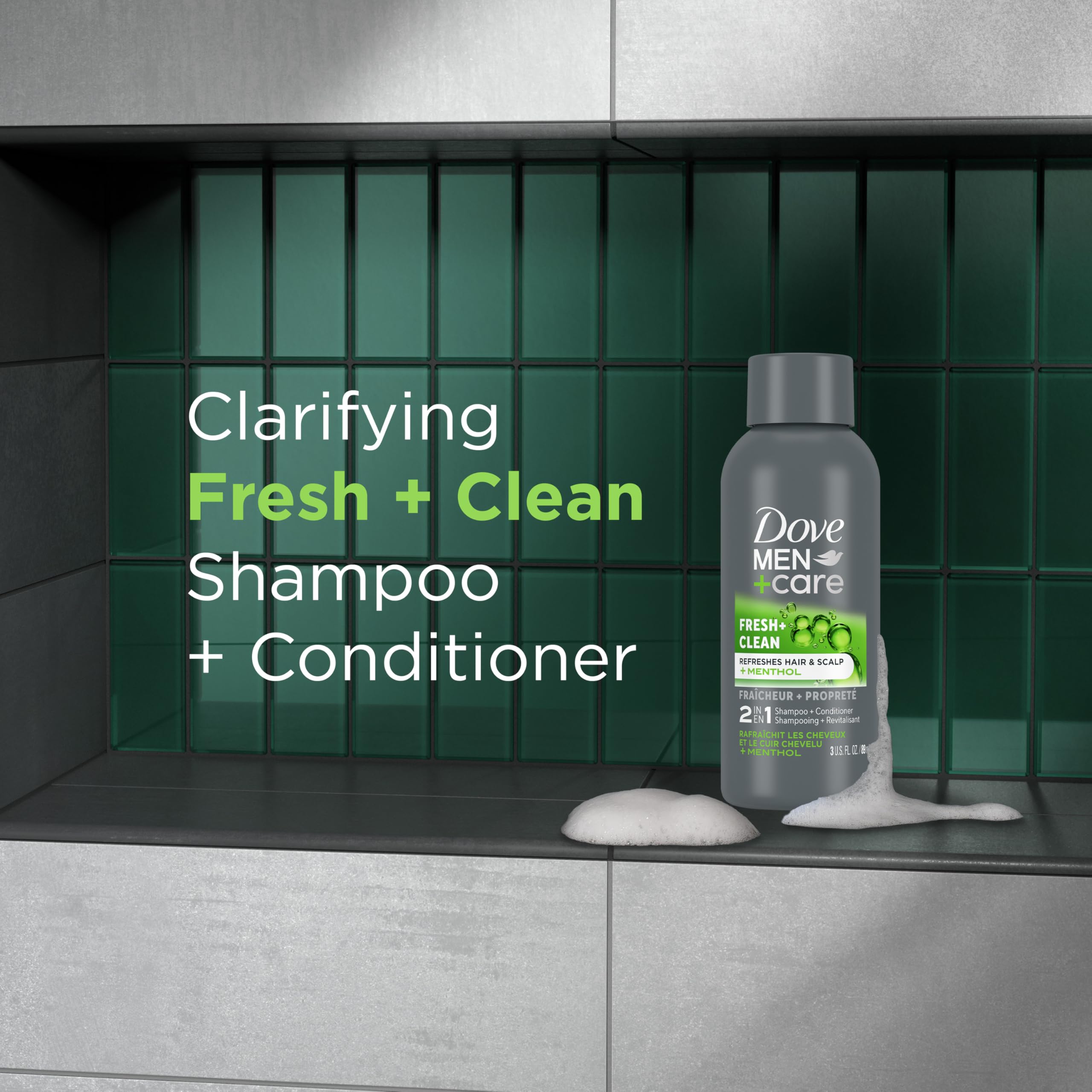 Frasco del Dove Men+Care Fortifying 2 en 1, diseño práctico para ducha.