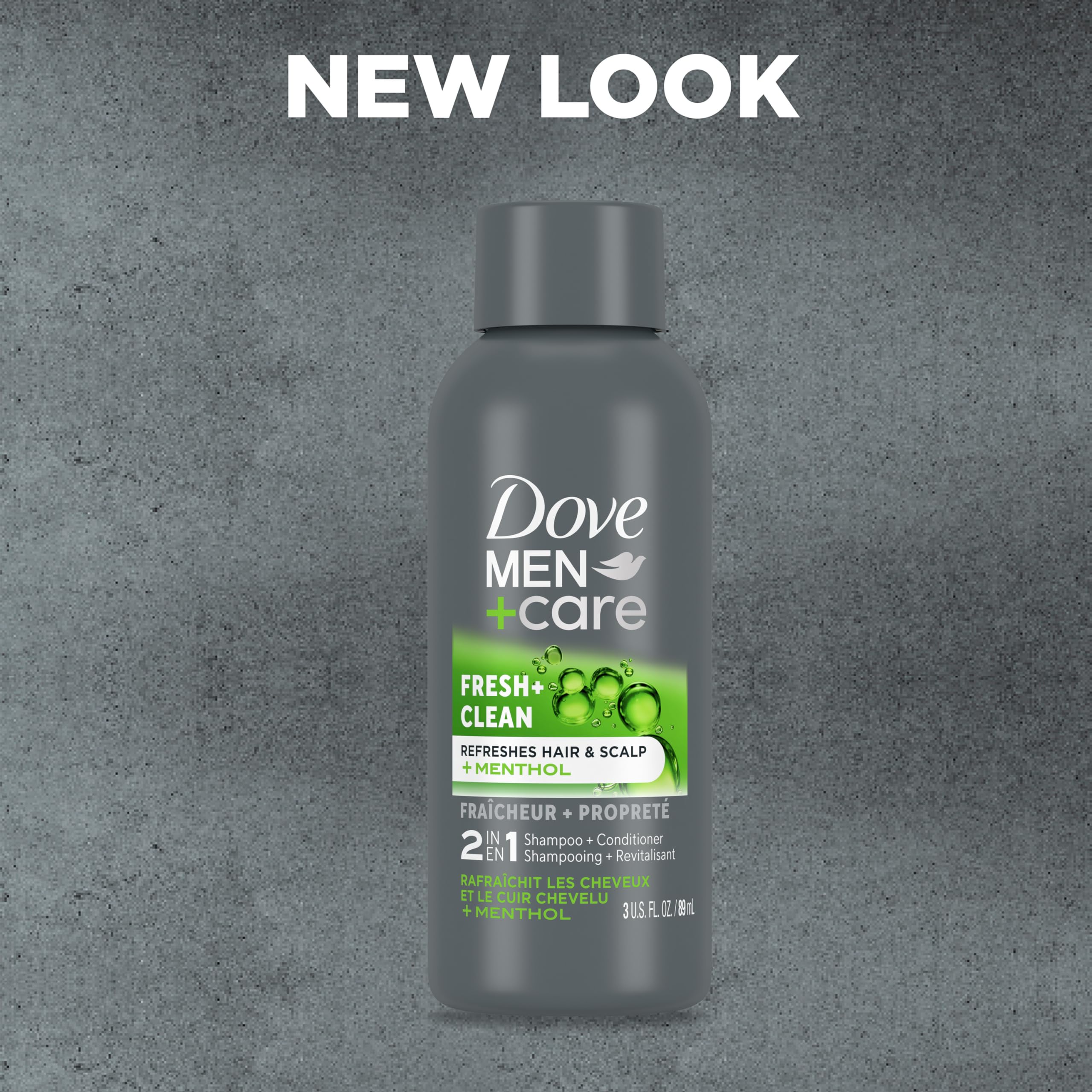 Dove Men+Care Fortifying 2 en 1 con cafeína y mentol para sensación fresca.