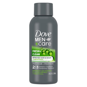 Dove Men+Care Fortifying 2 en 1, botella visible, refresca y limpia cabello normal a graso.