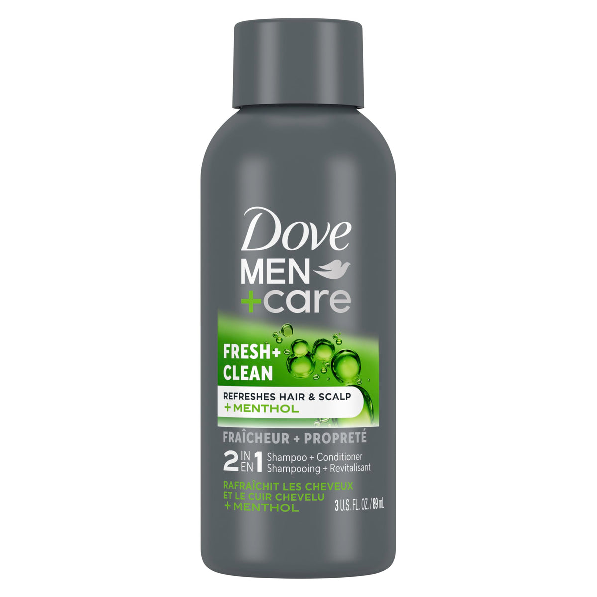 Dove Men+Care Fortifying 2 en 1, botella visible, refresca y limpia cabello normal a graso.