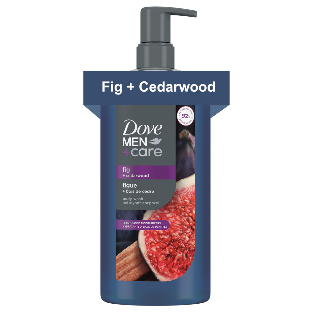 Dove Men+Care jabón cuerpo figo-cedro: piel suave tras la ducha.
