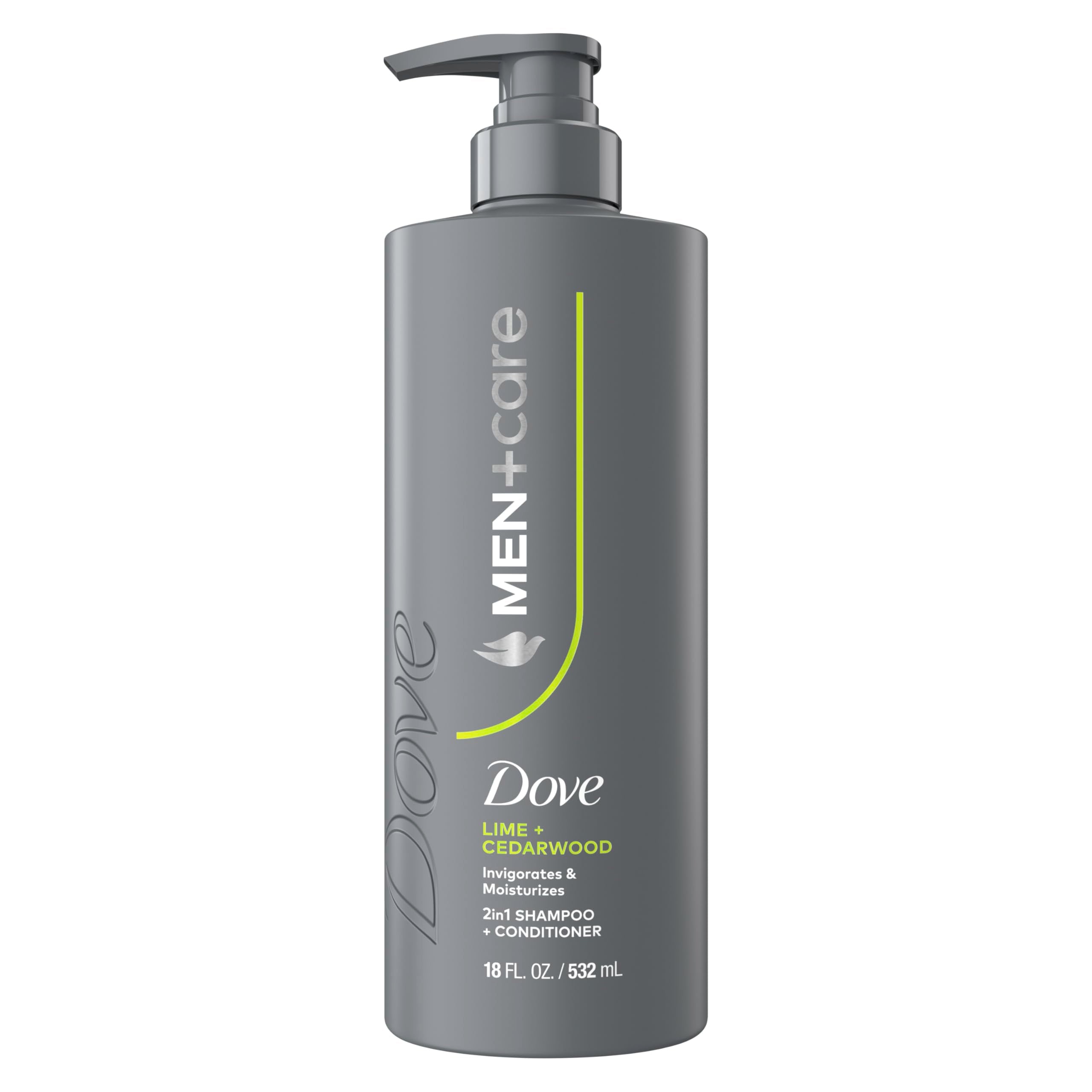 Dove Men+Care limf3n y cedro, dos en uno, frasco delantero mostrando producto