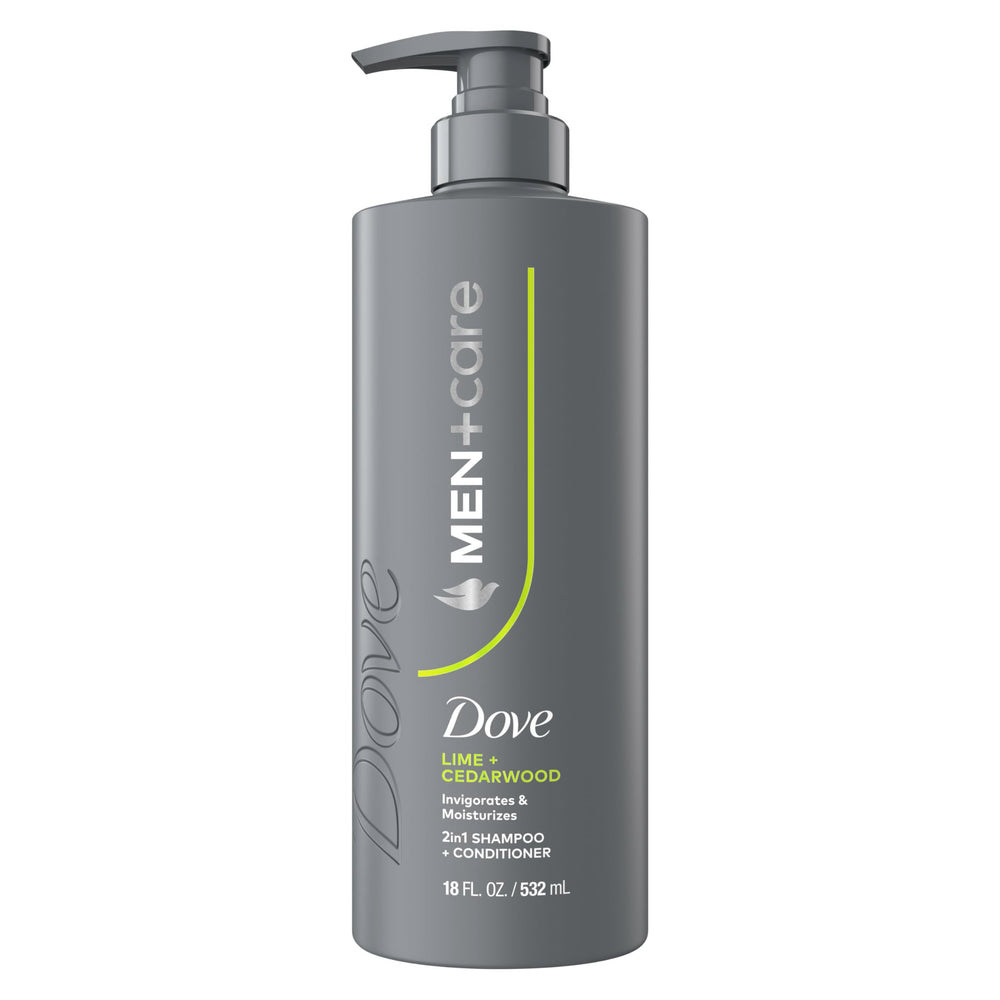 Dove Men+Care limf3n y cedro, dos en uno, frasco delantero mostrando producto