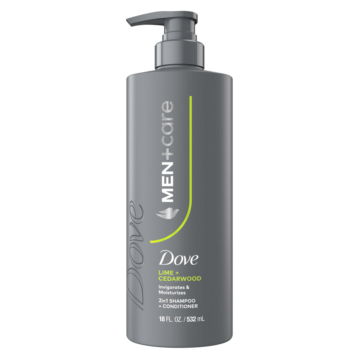 Dove Men+Care limf3n y cedro, dos en uno, frasco delantero mostrando producto